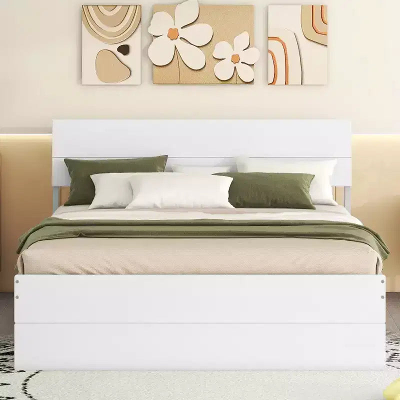 Lit plateforme complet avec tiroirs, Cadre de lit plateforme en bois massif avec tête de lit et pied de lit pour chambre à coucher
