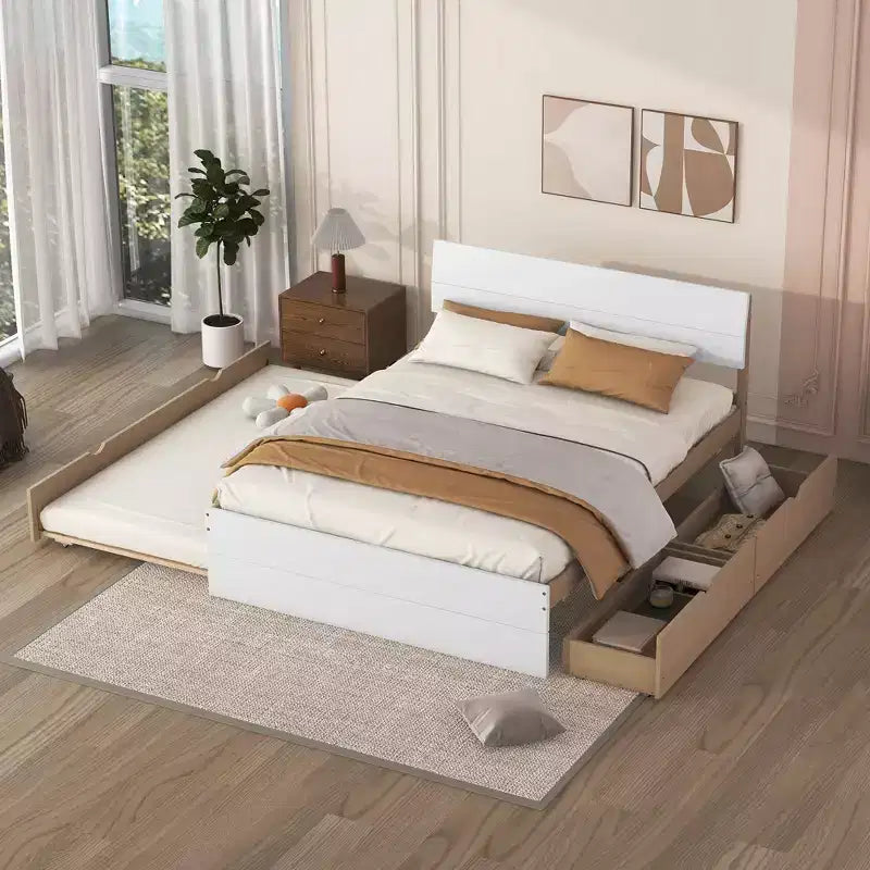 Lit plateforme complet avec tiroirs, Cadre de lit plateforme en bois massif avec tête de lit et pied de lit pour chambre à coucher