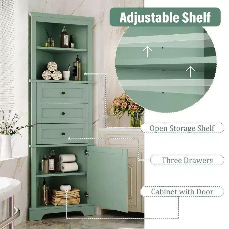 Meuble de rangement de salle de bain triangulaire en bois moderne avec 3 tiroirs et étagères réglables