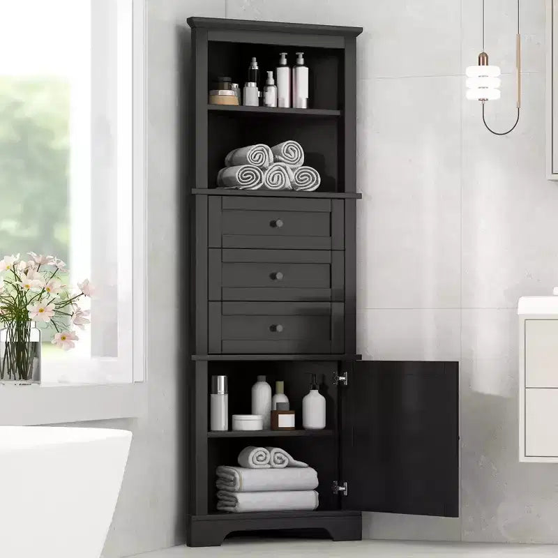 Meuble de rangement de salle de bain triangulaire en bois moderne avec 3 tiroirs et étagères réglables