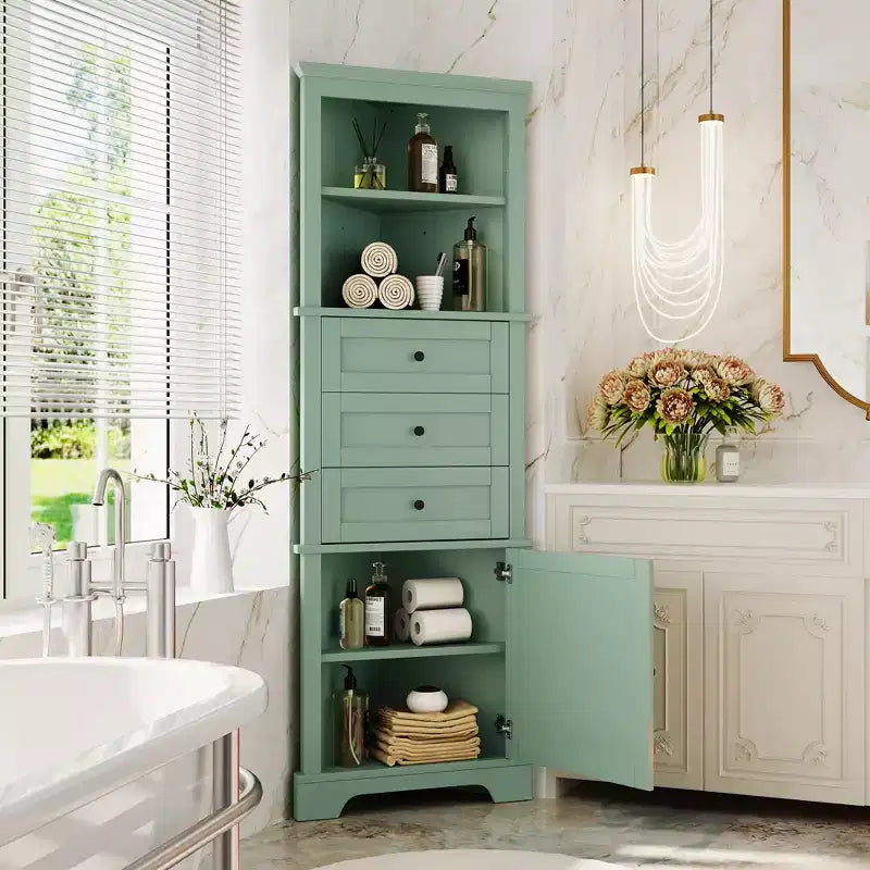 Meuble de rangement de salle de bain triangulaire en bois moderne avec 3 tiroirs et étagères réglables