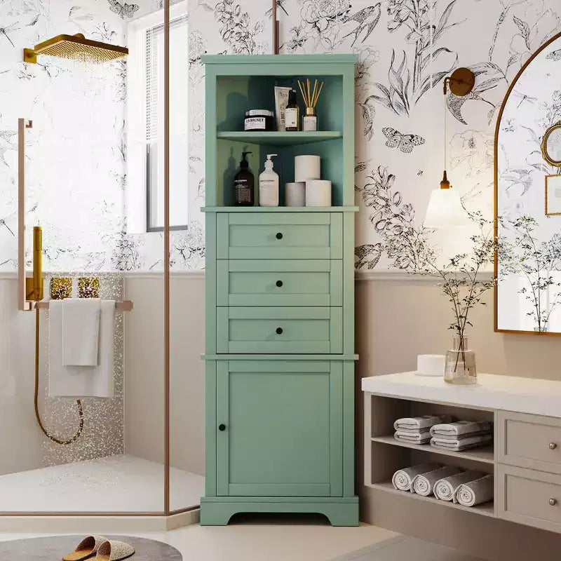 Meuble de rangement de salle de bain triangulaire en bois moderne avec 3 tiroirs et étagères réglables