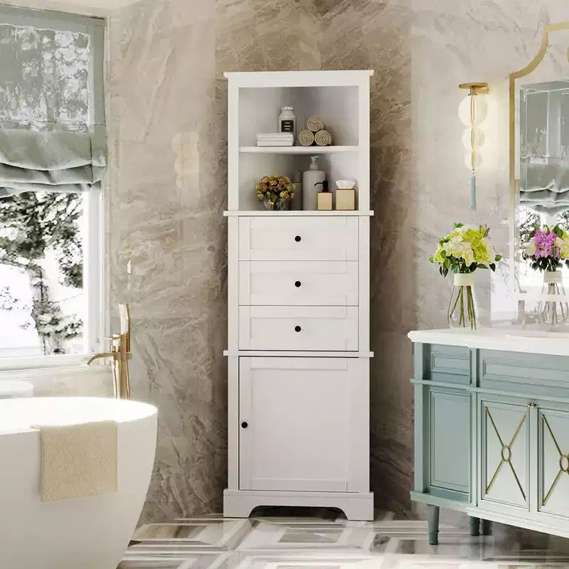 Meuble de rangement de salle de bain triangulaire en bois moderne avec 3 tiroirs et étagères réglables