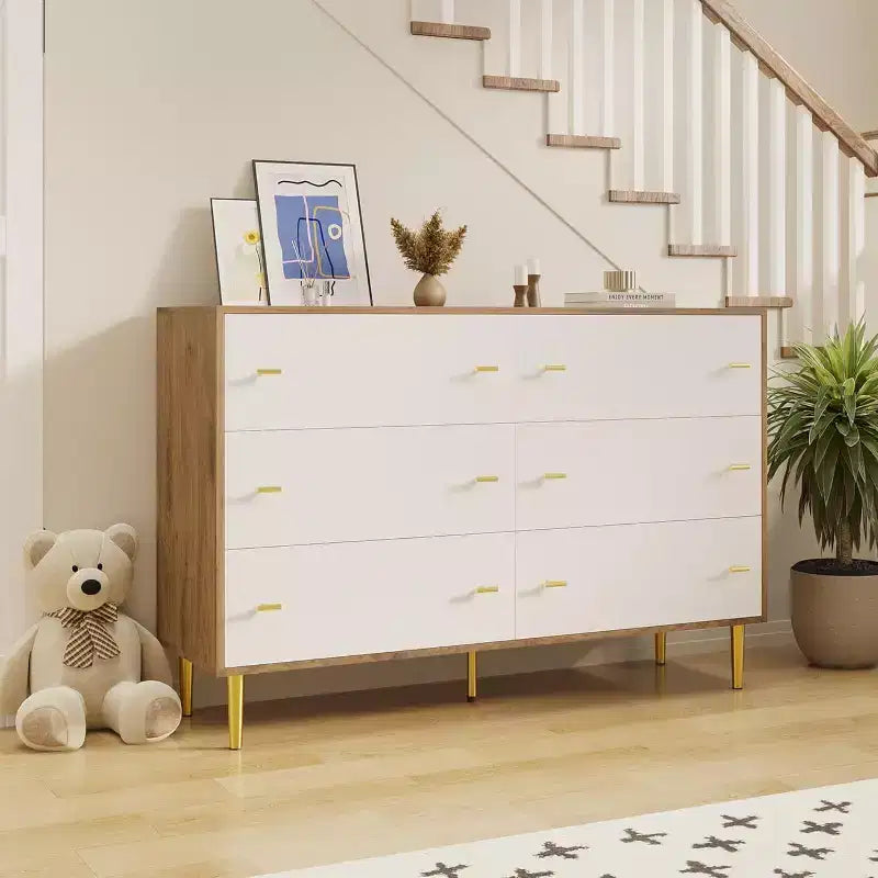 Commode à 6 tiroirs pour chambre à coucher, commode rustique en bois de 120 cm de large avec poignées-barres, commodes de rangement pour chambre à coucher, salon, couloir