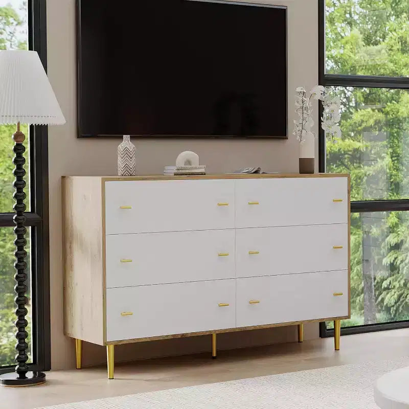 Commode à 6 tiroirs pour chambre à coucher, commode rustique en bois de 120 cm de large avec poignées-barres, commodes de rangement pour chambre à coucher, salon, couloir