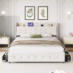 Full-size Bed Frame, with Headboard Shelf and Charging Station, 4 Storage Drawers, Supported by Wooden Strips, no Springs Required, White