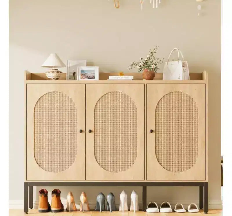 Armoire en rotin à 3 portes, organisateur de rangement pour chaussures avec étagères réglables, armoire de rangement 7 niveaux non encastrée pour entrée, couloir, salon