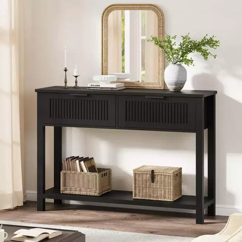 Fluted Entryway Console Table with 2 Drawers, Wooden Sofa Table for Living Room, Hallway or Foyer - Black Finish, Sleek Storage Design