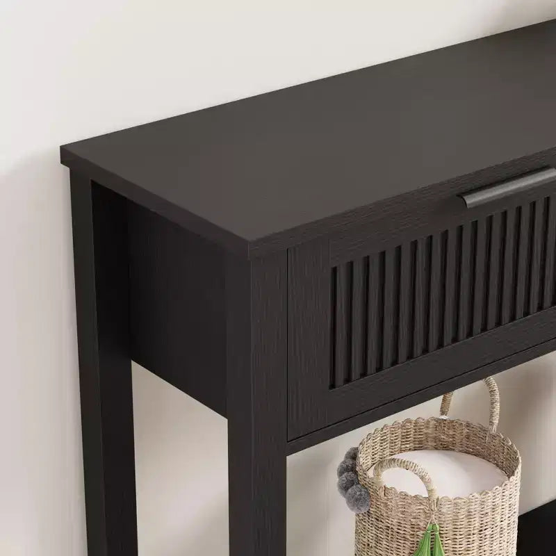 Console d'entrée cannelée avec 2 tiroirs, table de canapé en bois pour salon, couloir ou hall d'entrée - Finition noire, design de rangement élégant