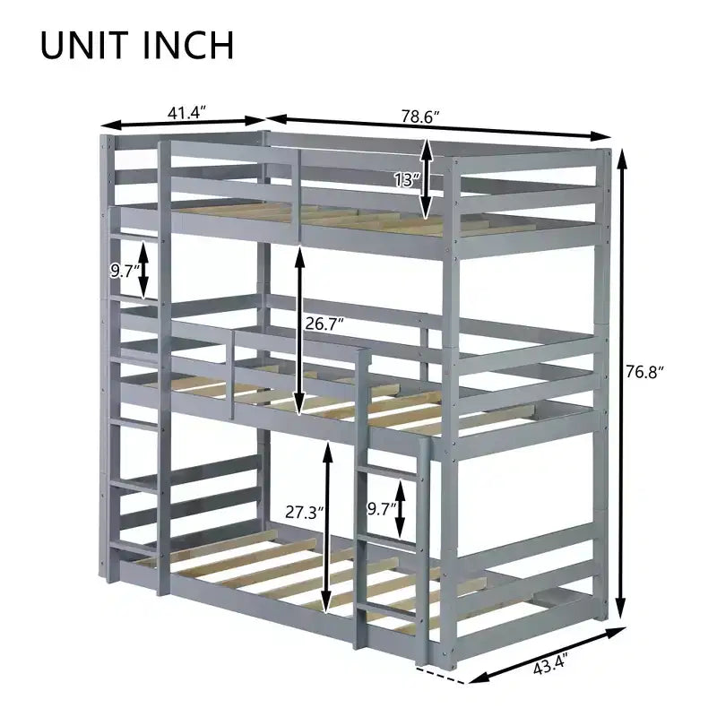 Lit superposé triple en bois avec 2 échelles intégrées, séparable en 3 lits simples
