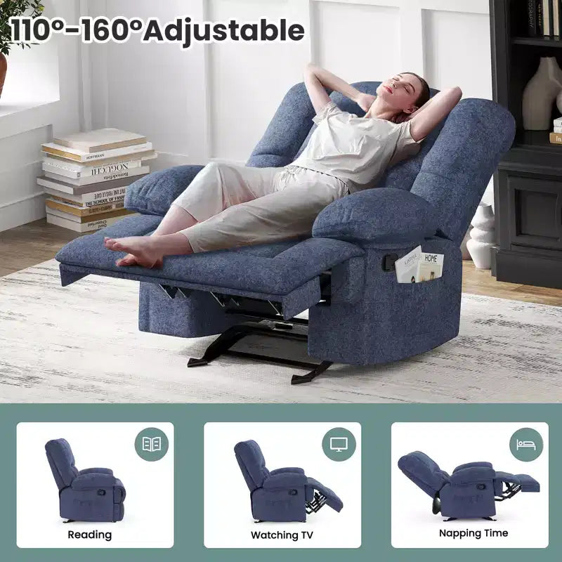 Fauteuil inclinable à bascule surdimensionné bleu pour adultes, en chenille, ergonomique, parfait pour le salon