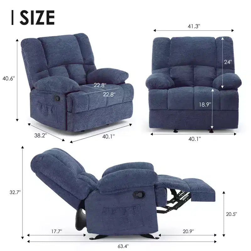 Fauteuil inclinable à bascule surdimensionné bleu pour adultes, en chenille, ergonomique, parfait pour le salon