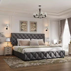 Full Size Bed Frame with 4 Storage Drawers & Headboard,Linen Upholstered Platform Bed Frame,Stylish Diamond Tufted Design, No Box Spring Needed |Grey