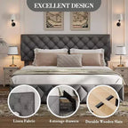 Cadre de lit double avec 4 tiroirs de rangement et tête de lit, cadre de lit plateforme rembourré en lin, design touffeté élégant en forme de diamant, aucun sommier tapissier requis | Gris