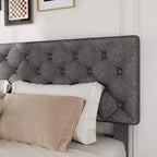 Cadre de lit double avec 4 tiroirs de rangement et tête de lit, cadre de lit plateforme rembourré en lin, design touffeté élégant en forme de diamant, aucun sommier tapissier requis | Gris
