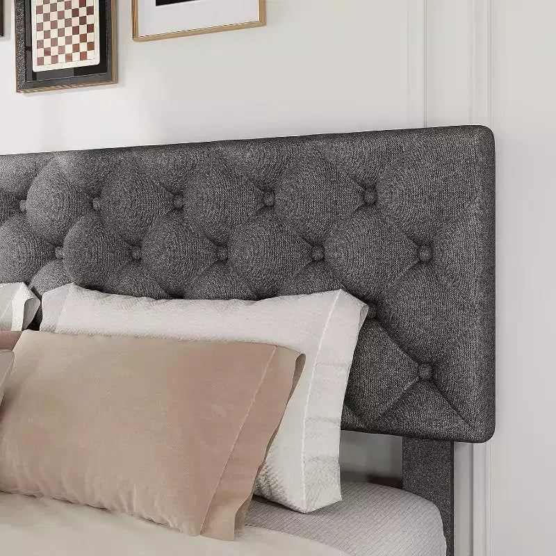 Cadre de lit double avec 4 tiroirs de rangement et tête de lit, cadre de lit plateforme rembourré en lin, design touffeté élégant en forme de diamant, aucun sommier tapissier requis | Gris