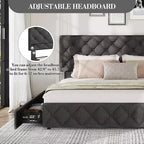 Cadre de lit double avec 4 tiroirs de rangement et tête de lit, cadre de lit plateforme rembourré en lin, design touffeté élégant en forme de diamant, aucun sommier tapissier requis | Gris