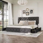 Cadre de lit double avec 4 tiroirs de rangement et tête de lit, cadre de lit plateforme rembourré en lin, design touffeté élégant en forme de diamant, aucun sommier tapissier requis | Gris