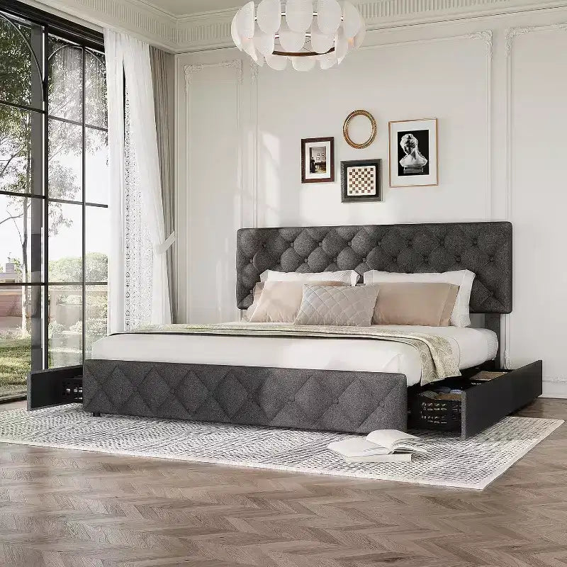 Cadre de lit double avec 4 tiroirs de rangement et tête de lit, cadre de lit plateforme rembourré en lin, design touffeté élégant en forme de diamant, aucun sommier tapissier requis | Gris