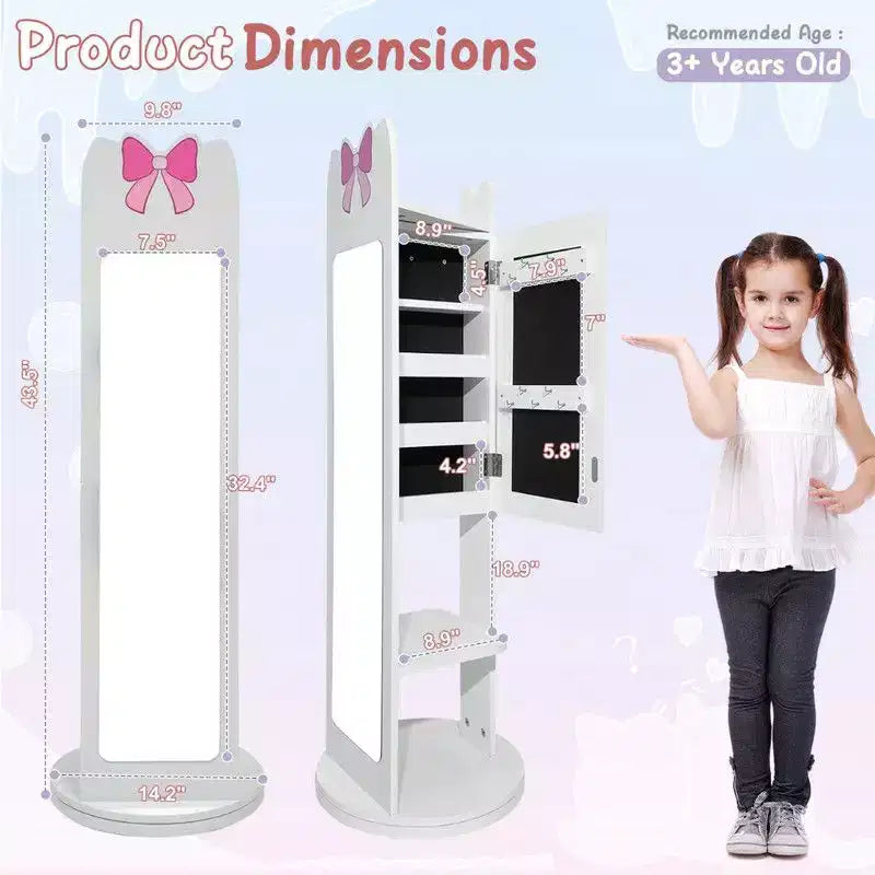 Meuble à bijoux pour enfants en MDF blanc, armoire à bijoux avec base rotative, 1 porte et 1 étagère