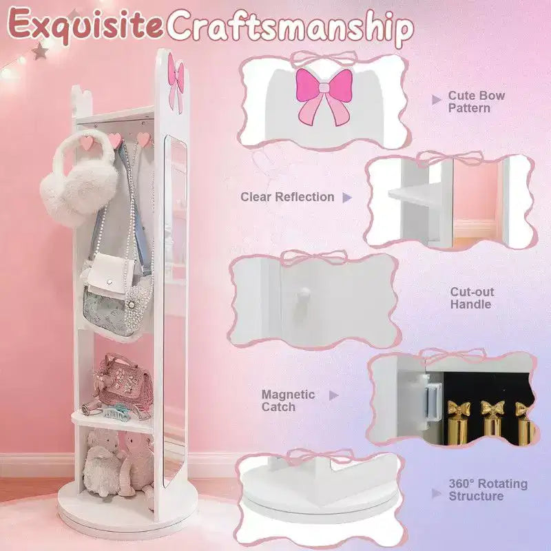 Meuble à bijoux pour enfants en MDF blanc, armoire à bijoux avec base rotative, 1 porte et 1 étagère