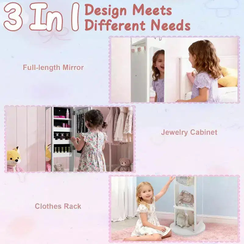 Meuble à bijoux pour enfants en MDF blanc, armoire à bijoux avec base rotative, 1 porte et 1 étagère