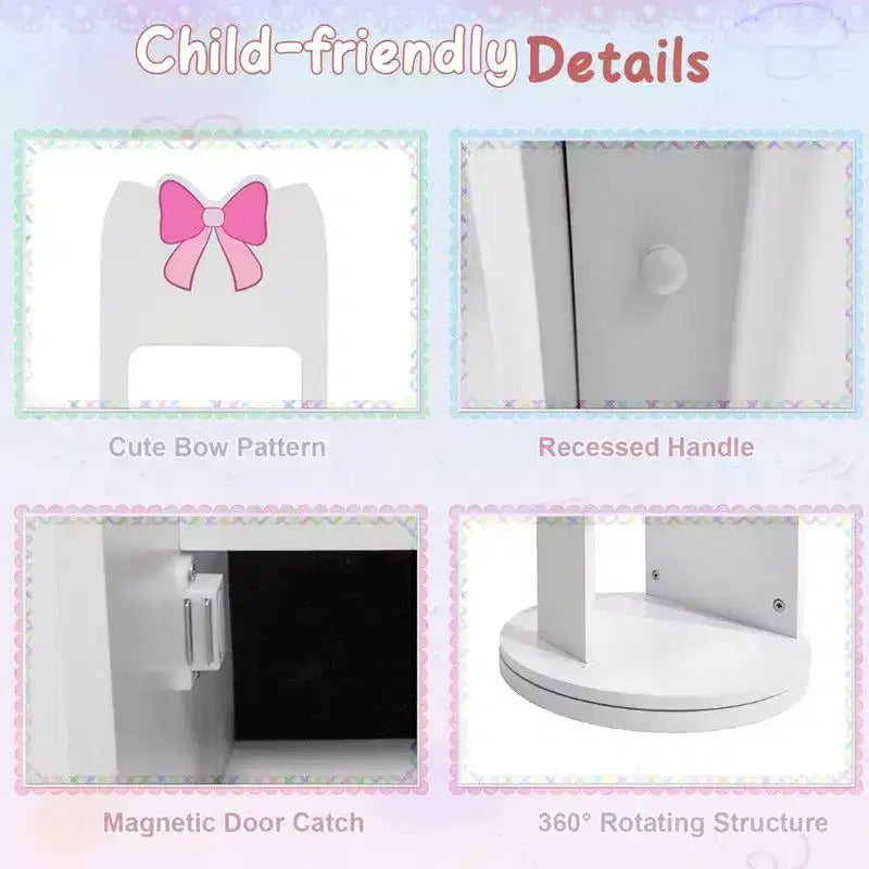 Meuble à bijoux pour enfants en MDF blanc, armoire à bijoux avec base rotative, 1 porte et 1 étagère
