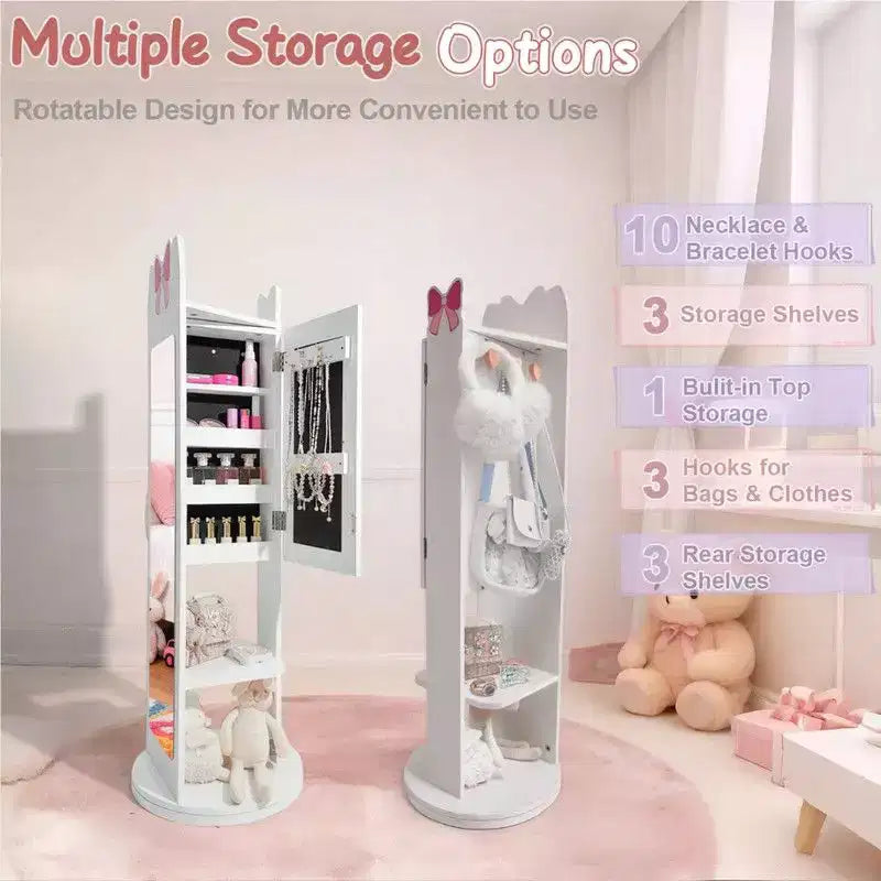 Meuble à bijoux pour enfants en MDF blanc, armoire à bijoux avec base rotative, 1 porte et 1 étagère