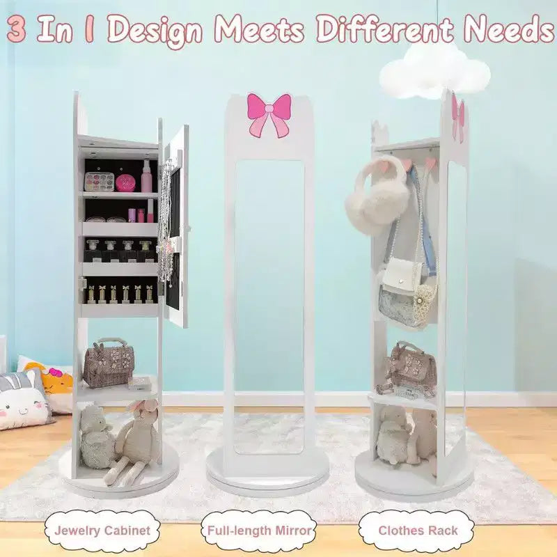 Meuble à bijoux pour enfants en MDF blanc, armoire à bijoux avec base rotative, 1 porte et 1 étagère