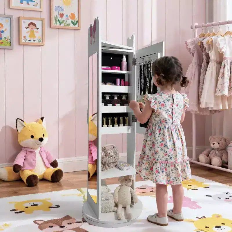 Meuble à bijoux pour enfants en MDF blanc, armoire à bijoux avec base rotative, 1 porte et 1 étagère