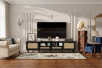 JVNOXK Rattan TV Stand for TVs up to 85'', Modern Farmhouse Media Console, Entertainment Center with Solid Wood Legs,for Living Room