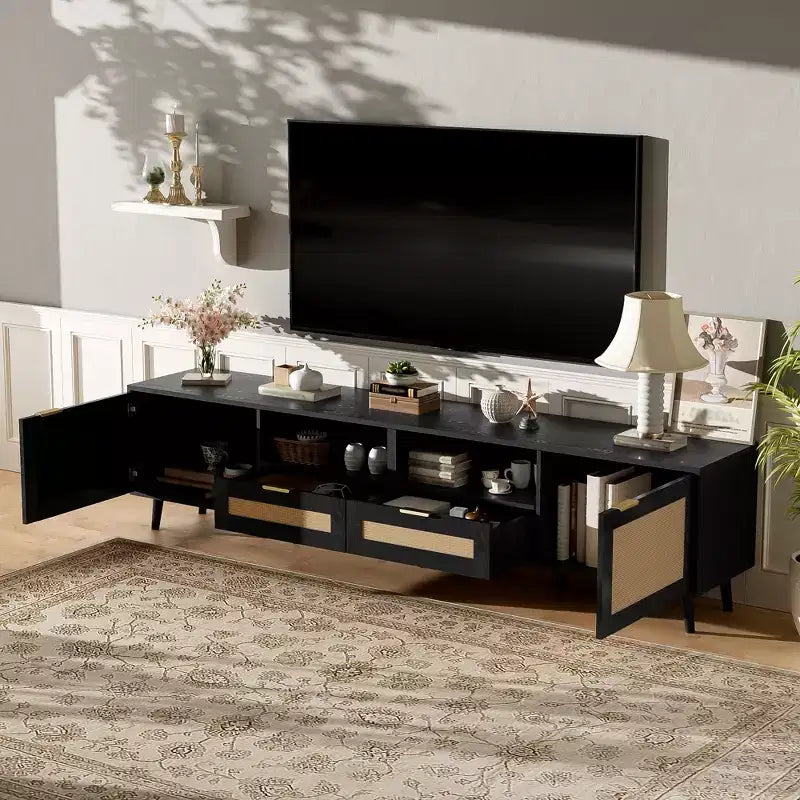 Meuble TV en rotin pour téléviseurs jusqu'à 85'', console multimédia moderne de style ferme, meuble de divertissement avec pieds en bois massif, pour salon