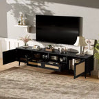 Meuble TV en rotin pour téléviseurs jusqu'à 85'', console multimédia moderne de style ferme, meuble de divertissement avec pieds en bois massif, pour salon