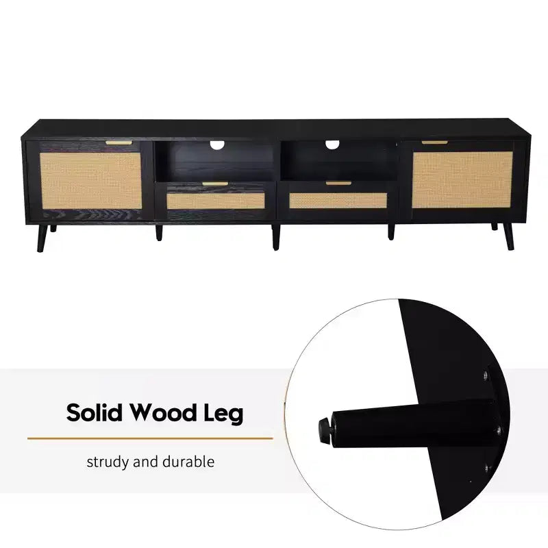 Meuble TV en rotin pour téléviseurs jusqu'à 85'', console multimédia moderne de style ferme, meuble de divertissement avec pieds en bois massif, pour salon