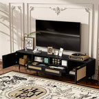 Meuble TV en rotin pour téléviseurs jusqu'à 85'', console multimédia moderne de style ferme, meuble de divertissement avec pieds en bois massif, pour salon