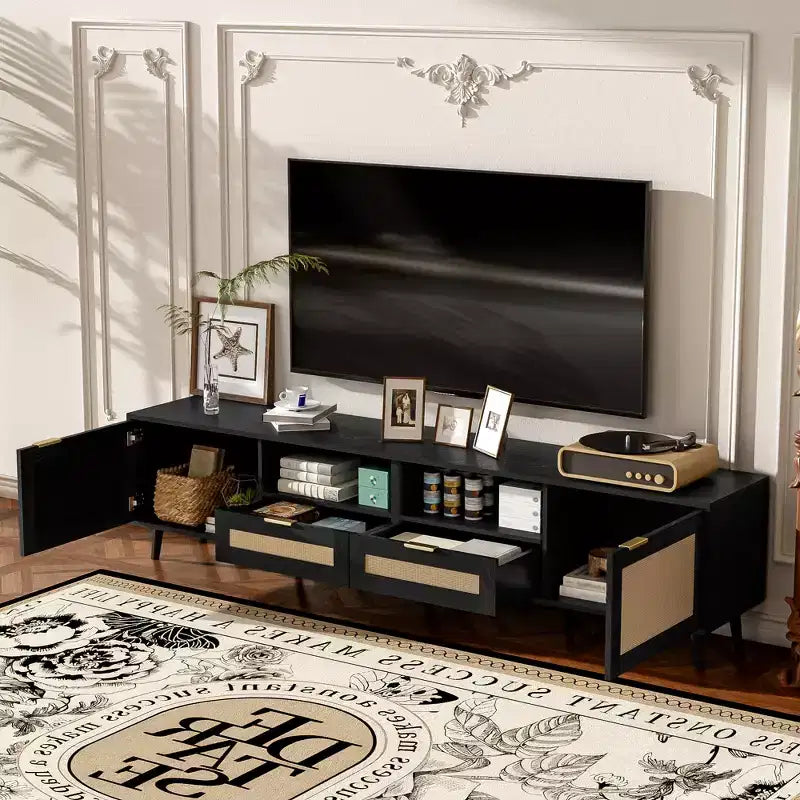 Meuble TV en rotin pour téléviseurs jusqu'à 85'', console multimédia moderne de style ferme, meuble de divertissement avec pieds en bois massif, pour salon