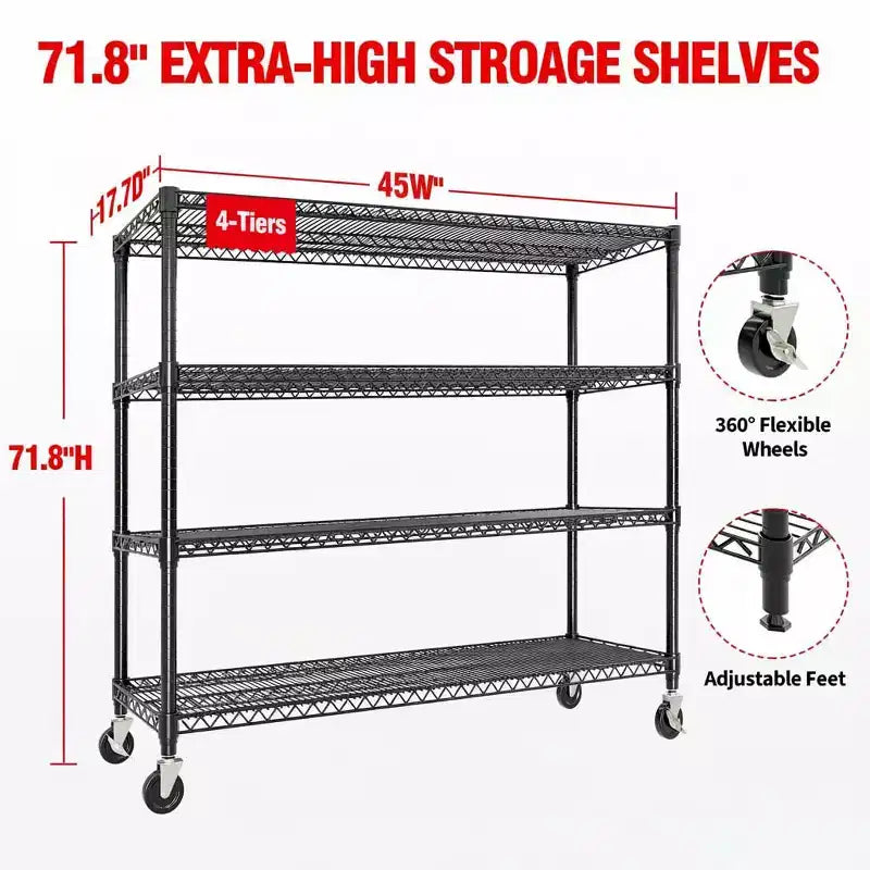 Étagère robuste à roulettes et pieds, 5 niveaux pour garde-manger, garage, cuisine, maison, commerce