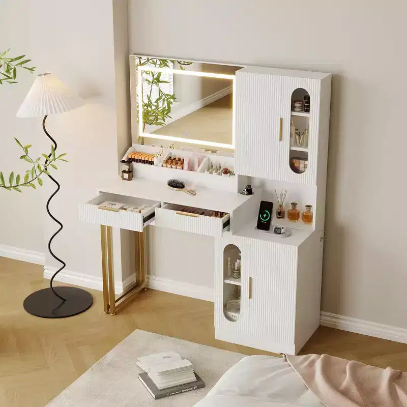 Coiffeuse, coiffeuse cannelée avec tiroirs et armoires, coiffeuse moderne avec station de charge, 3 modes d'éclairage de couleur pour chambre à coucher