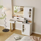 Coiffeuse, coiffeuse cannelée avec tiroirs et armoires, coiffeuse moderne avec station de charge, 3 modes d'éclairage de couleur pour chambre à coucher