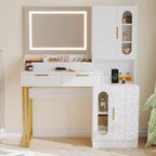Coiffeuse, coiffeuse cannelée avec tiroirs et armoires, coiffeuse moderne avec station de charge, 3 modes d'éclairage de couleur pour chambre à coucher