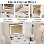 Coiffeuse, coiffeuse cannelée avec tiroirs et armoires, coiffeuse moderne avec station de charge, 3 modes d'éclairage de couleur pour chambre à coucher