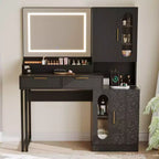 Vanity Desk, Fluted Vanity Table with Drawers and Cabinets, Modern Makeup Desk with Charging Station, 3 Color Lighting Modes for Bedroom