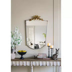 24 x 37.4 Inch Decorative Arched Wall Mirror with Distressed Ivory Frame and Gold Floral Crown