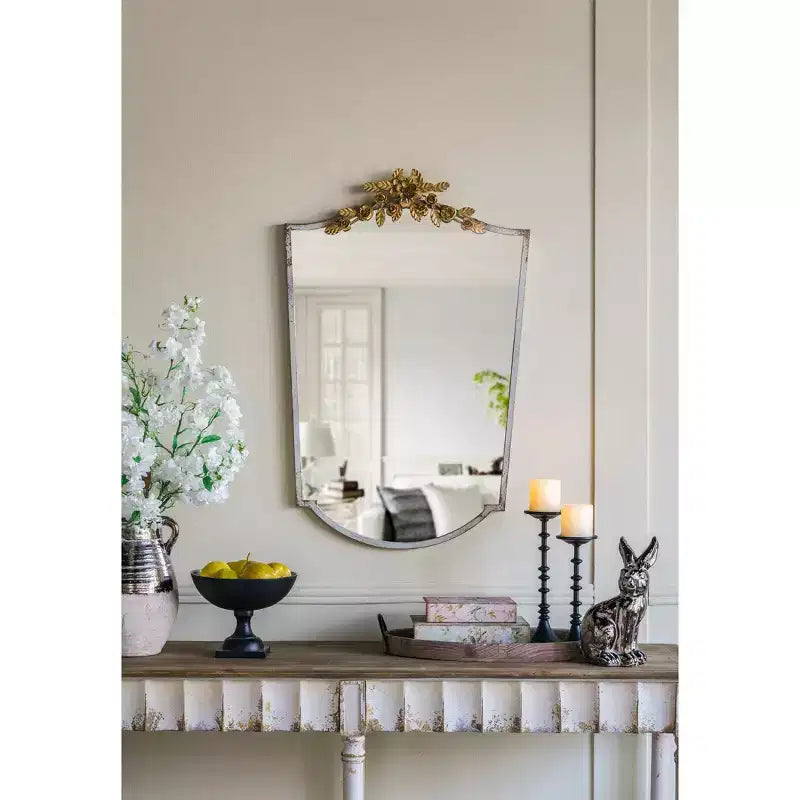 24 x 37.4 Inch Decorative Arched Wall Mirror with Distressed Ivory Frame and Gold Floral Crown