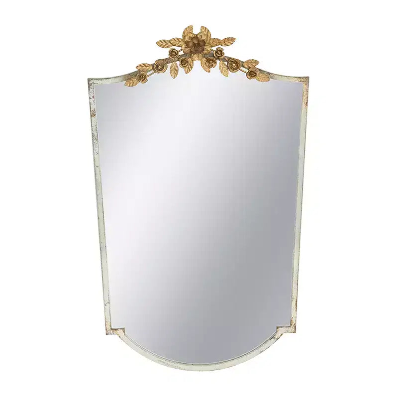 Miroir mural décoratif arqué de 24 x 37,4 pouces avec cadre ivoire vieilli et couronne florale dorée