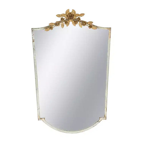 Miroir mural décoratif arqué de 24 x 37,4 pouces avec cadre ivoire vieilli et couronne florale dorée