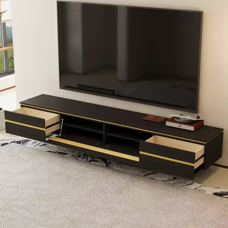 Meuble TV et console multimédia moderne de 86,61'' noir avec tiroirs de rangement cachés, armoires fermées, pieds en métal et gestion des câbles