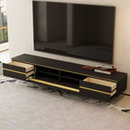 Meuble TV et console multimédia moderne de 86,61'' noir avec tiroirs de rangement cachés, armoires fermées, pieds en métal et gestion des câbles