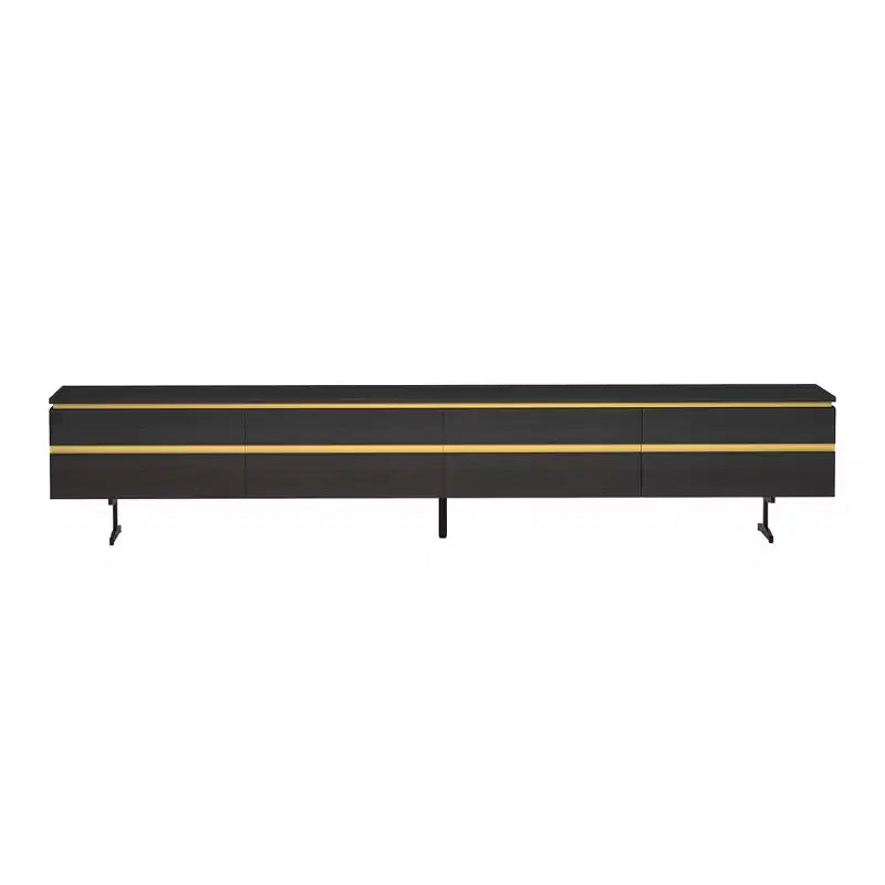 Meuble TV et console multimédia moderne de 86,61'' noir avec tiroirs de rangement cachés, armoires fermées, pieds en métal et gestion des câbles