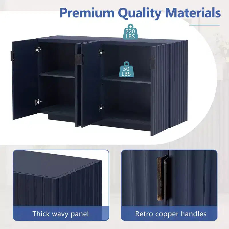 Meuble buffet de rangement, buffet avec grand espace de rangement, buffet de rangement credenza à 4 portes cannelées avec étagères réglables